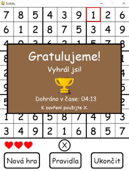 Victory screen of sudoku app